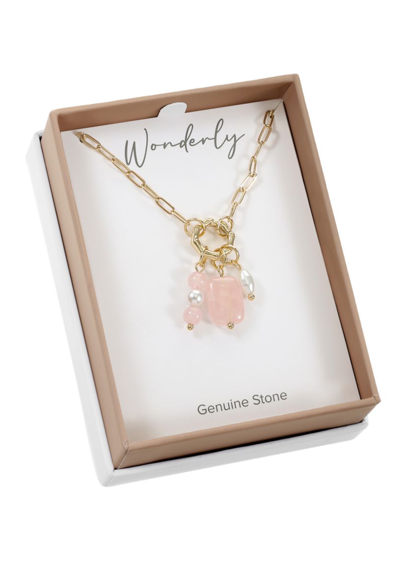 Lab Grown Gold Tone Paperclip Chain with Rose Quartz and Pearl Charms Necklace
