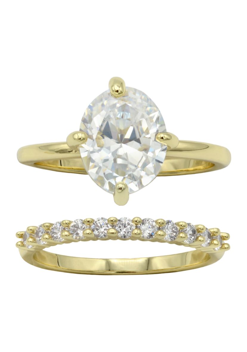 Gold Tone CZ Oval Engagement Ring Set