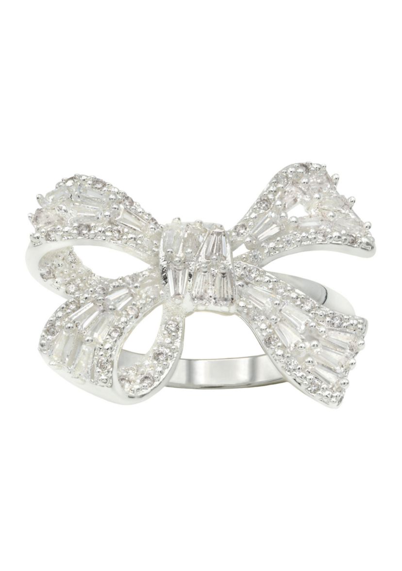 Lab Grown Silver Tone CZ Baguette Bow Ring