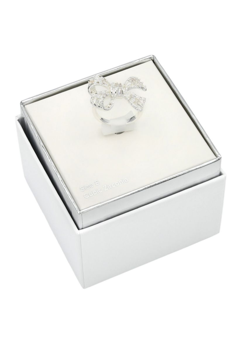 Lab Grown Silver Tone CZ Baguette Bow Ring