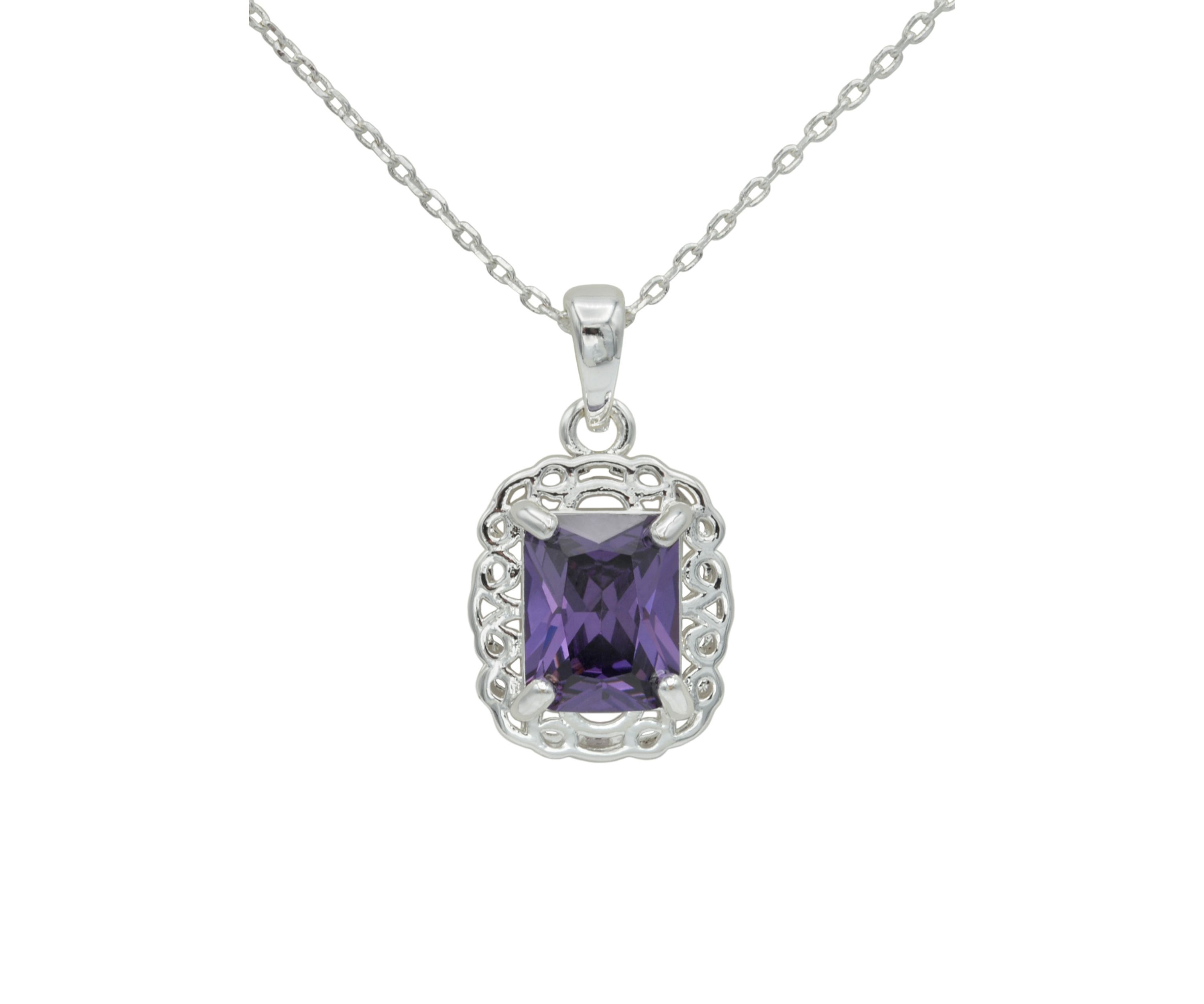Lab Grown Silver Tone Amethyst Rectangle Crystal Pendant with Woven Halo Necklace