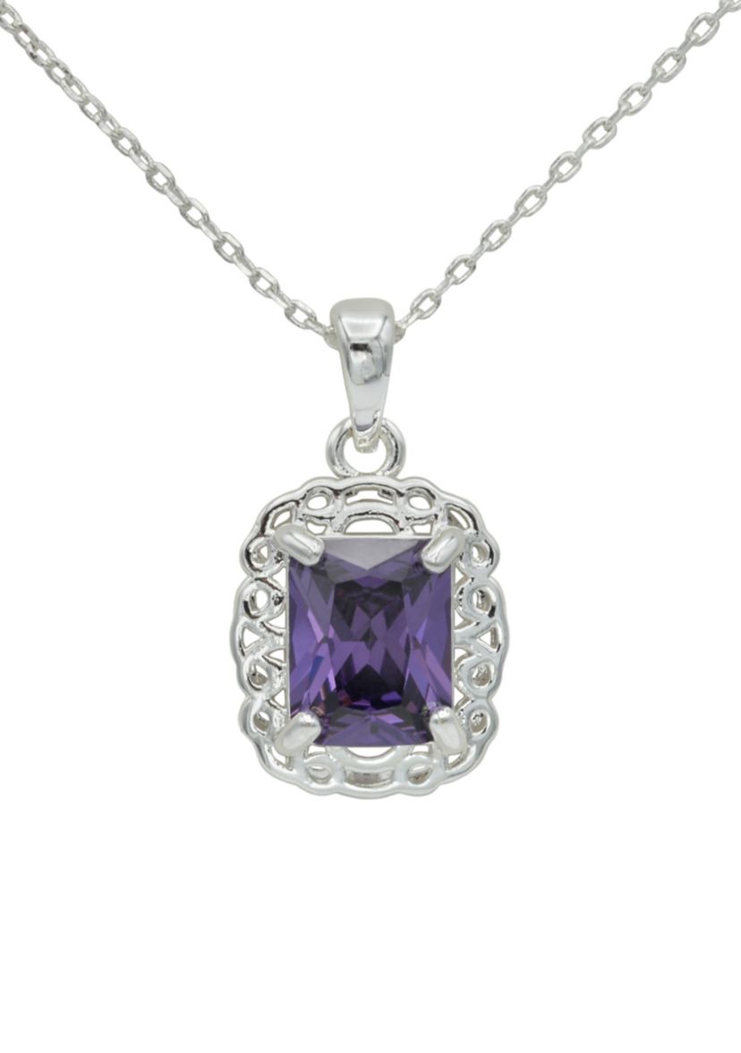 Lab Grown Silver Tone Amethyst Rectangle Crystal Pendant with Woven Halo Necklace