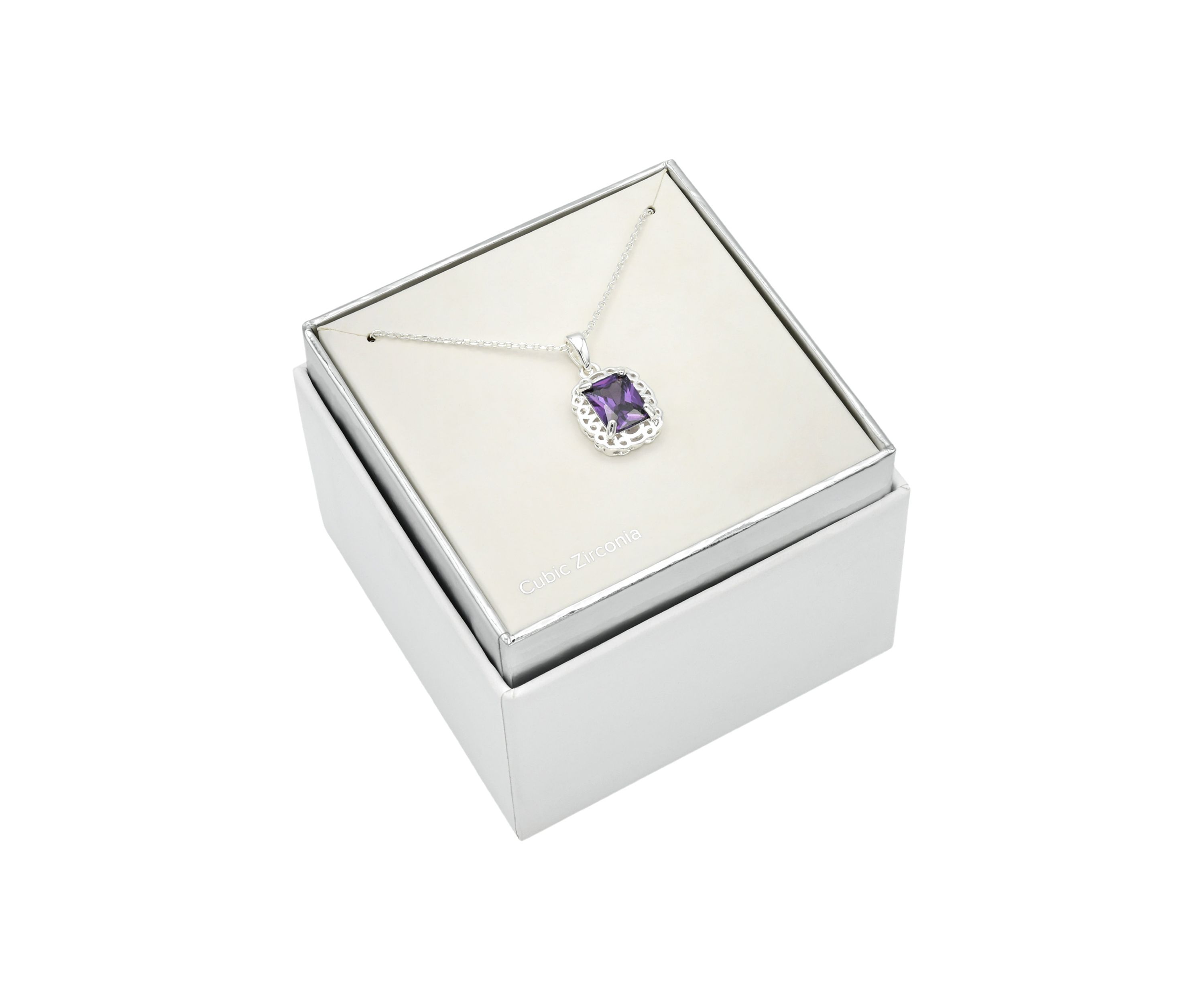 Lab Grown Silver Tone Amethyst Rectangle Crystal Pendant with Woven Halo Necklace