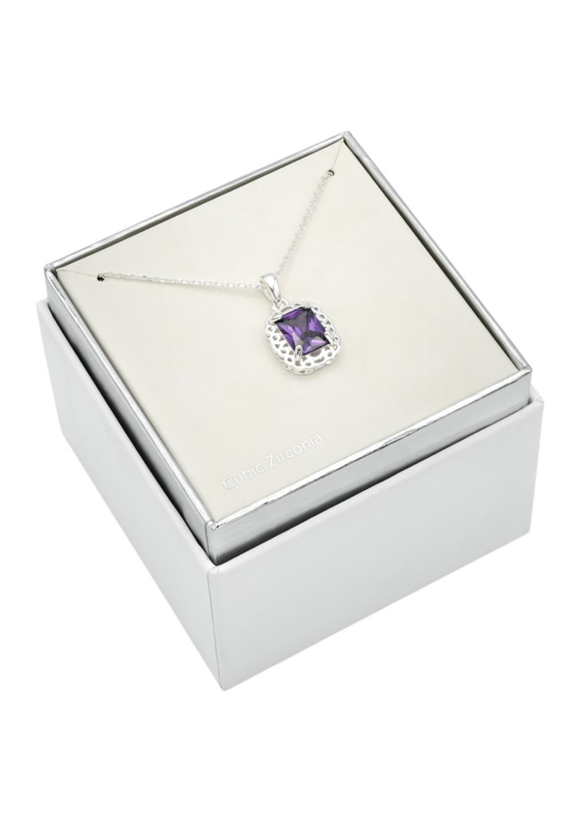 Lab Grown Silver Tone Amethyst Rectangle Crystal Pendant with Woven Halo Necklace