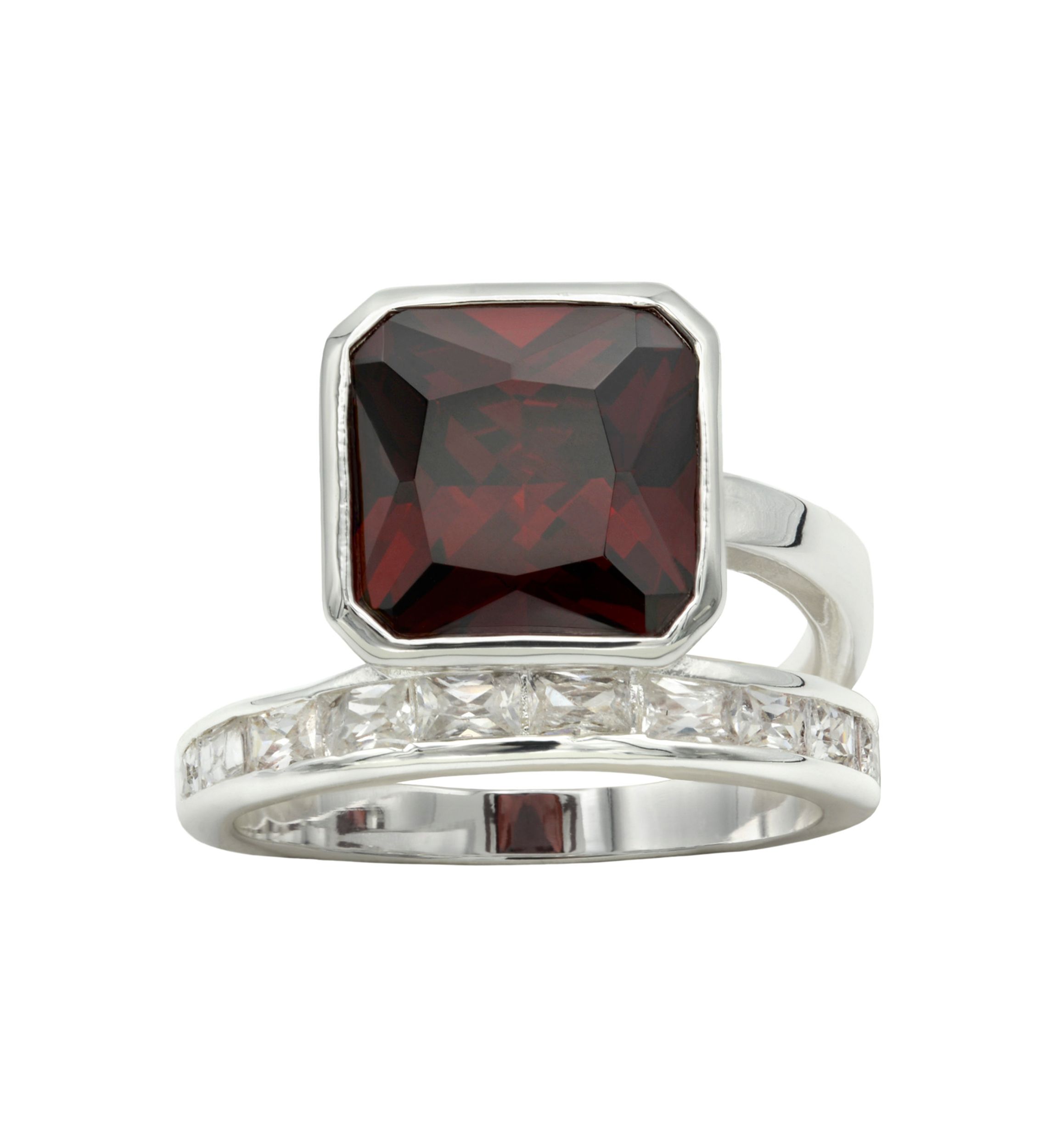 Lab Grown Silver Tone Square Siam Crystal with CZ Channel Band Ring