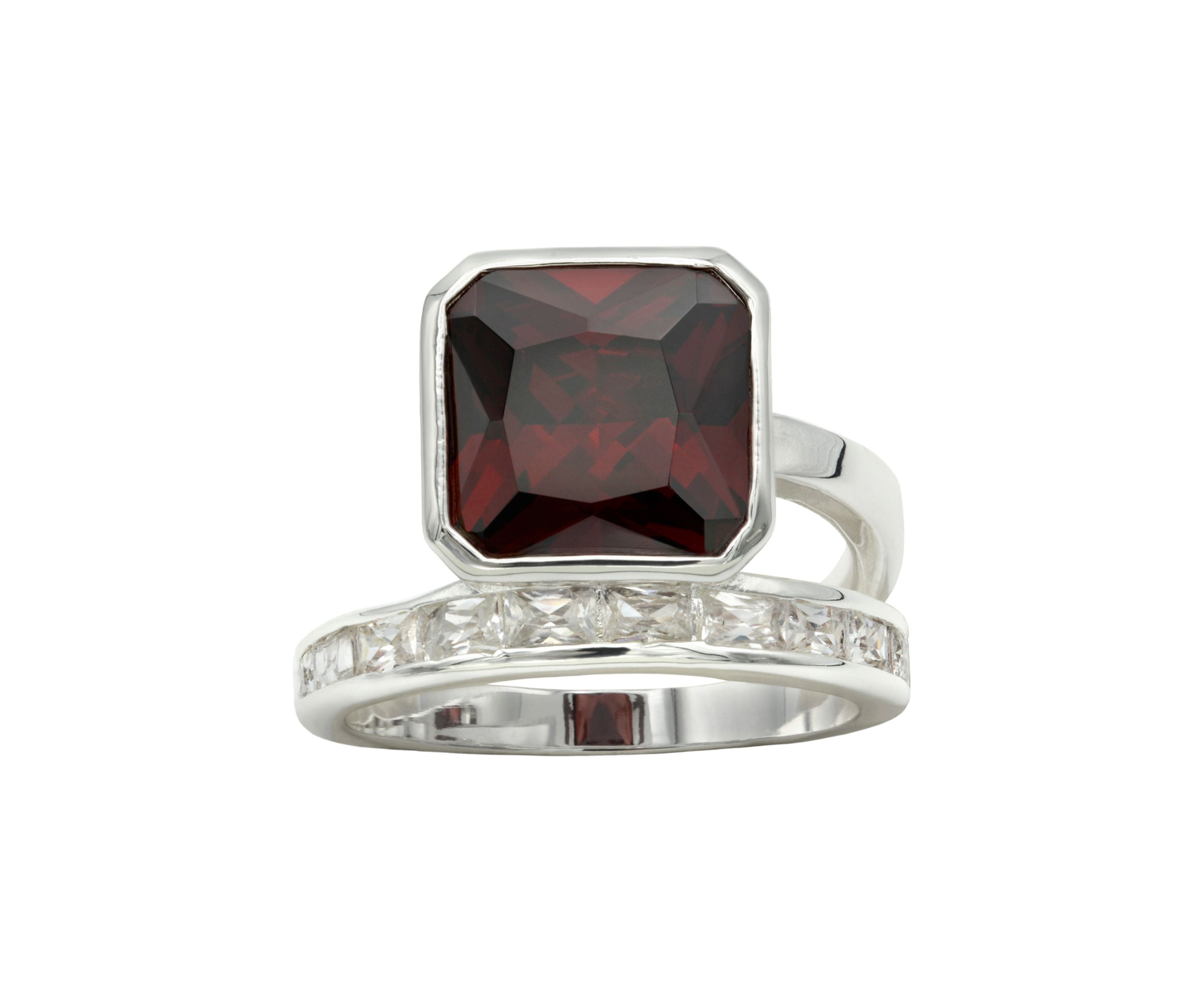 Lab Grown Silver Tone Square Siam Crystal with CZ Channel Band Ring