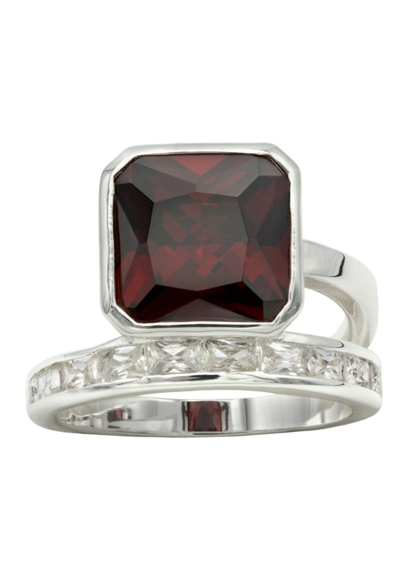 Lab Grown Silver Tone Square Siam Crystal with CZ Channel Band Ring