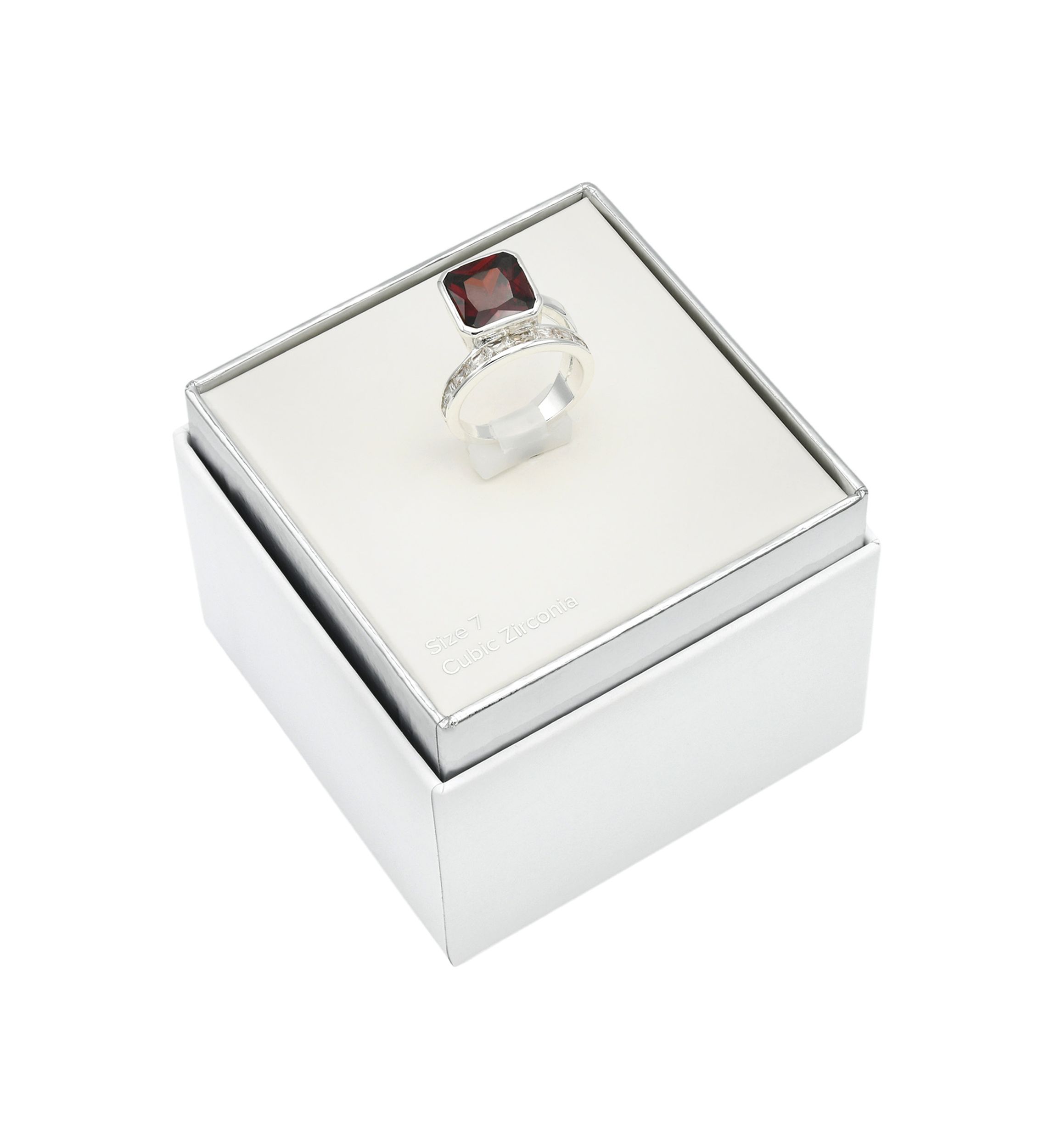 Lab Grown Silver Tone Square Siam Crystal with CZ Channel Band Ring