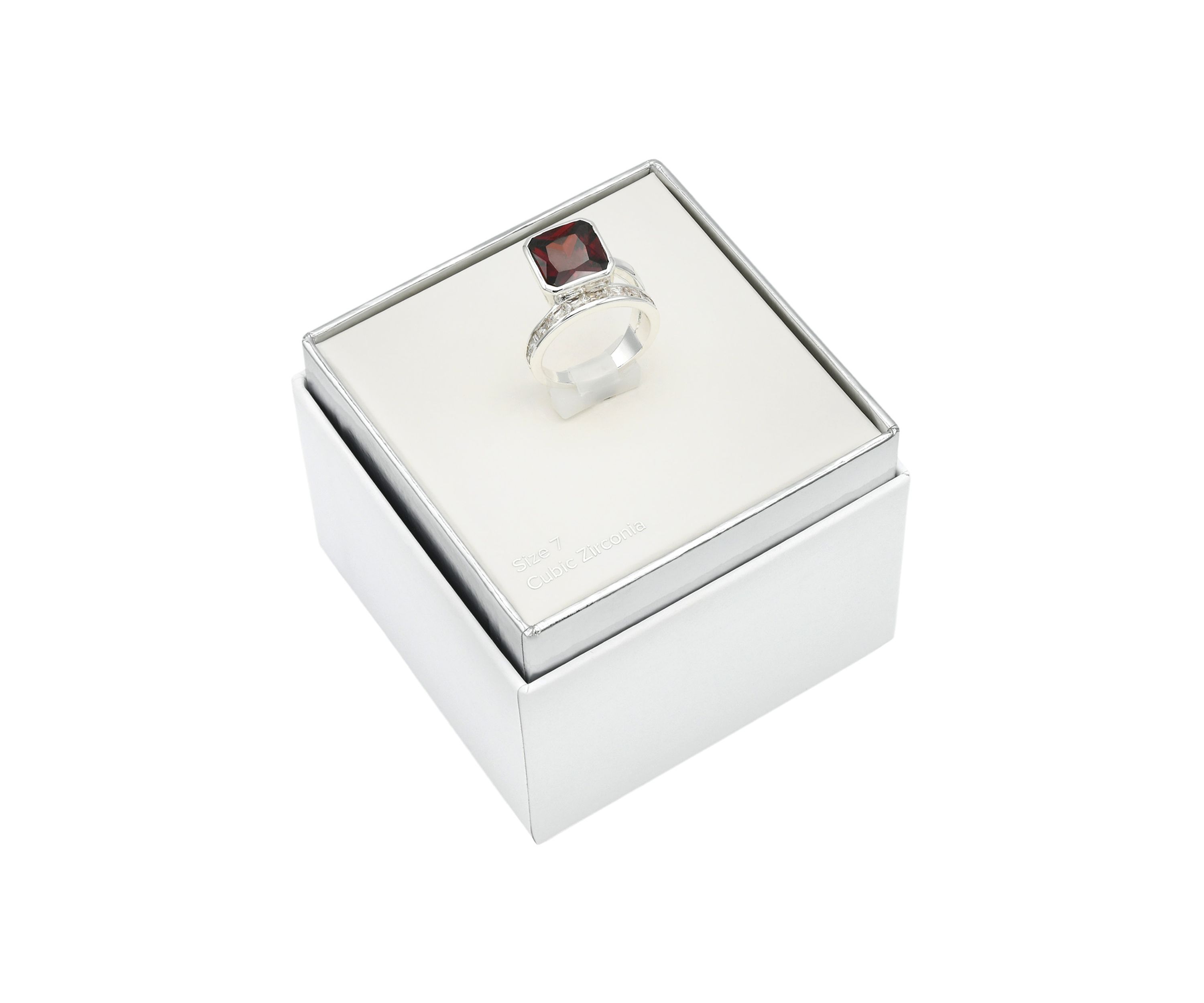 Lab Grown Silver Tone Square Siam Crystal with CZ Channel Band Ring