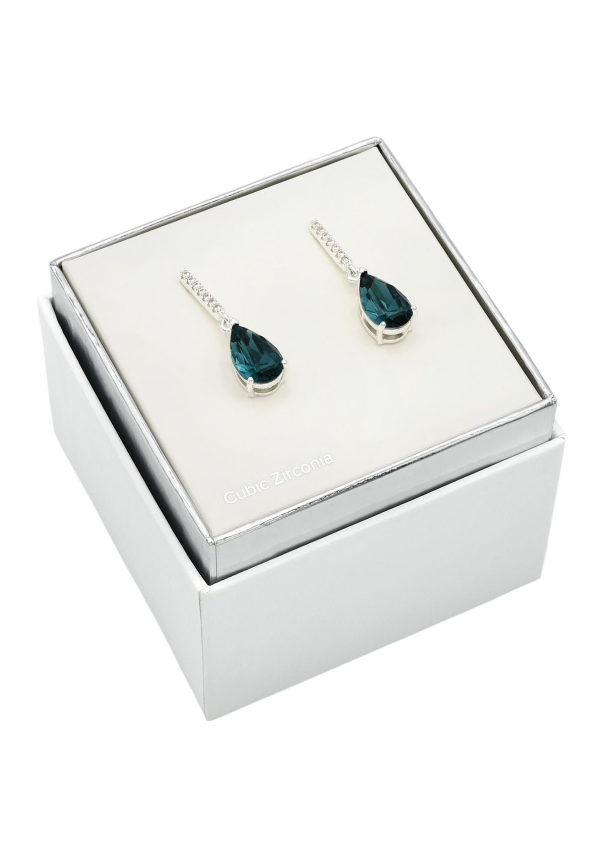 Lab Grown Silver Tone Denim Crystal Teardrop with Pave CZ Drop Earrings