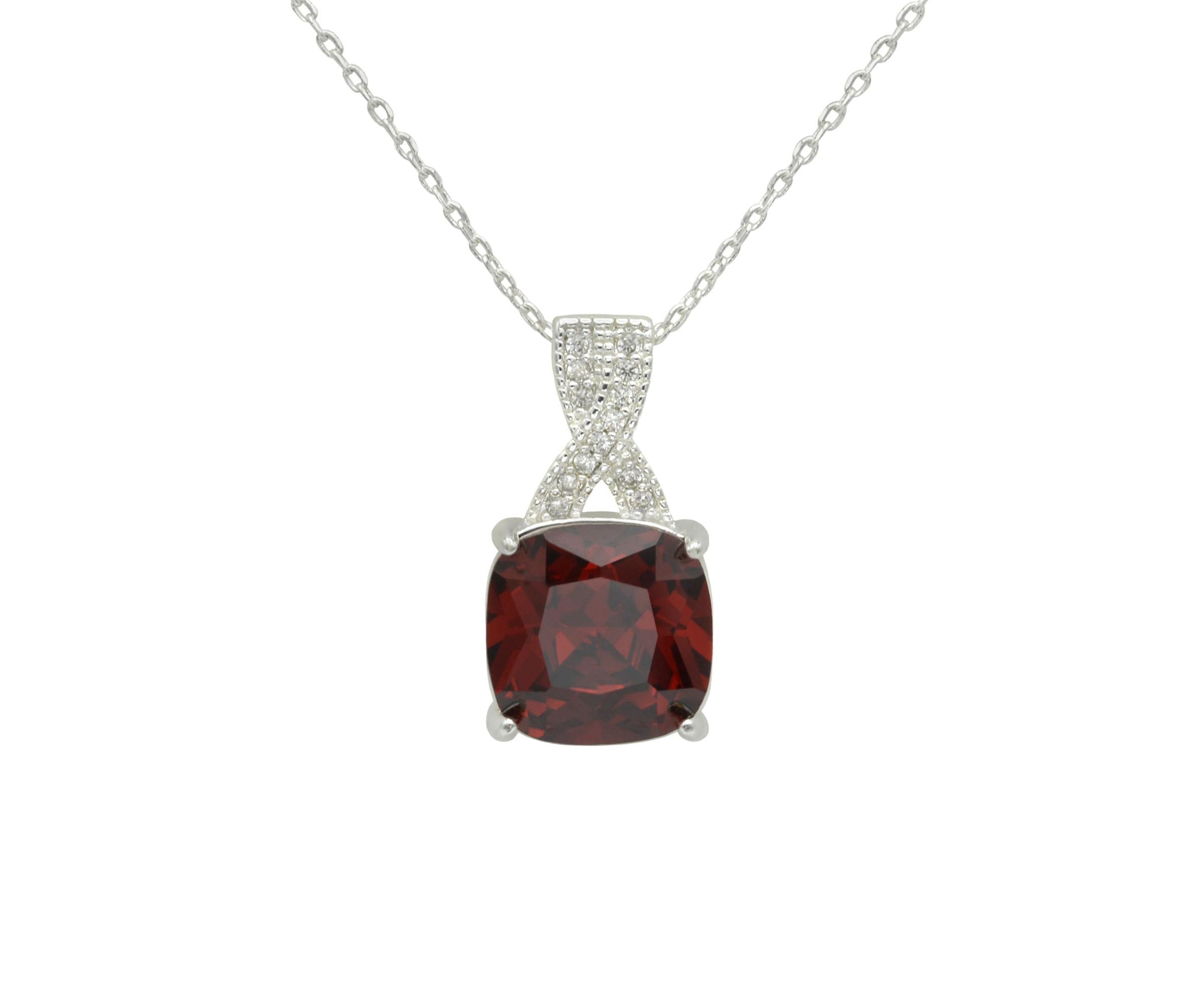 Lab Grown Silver Tone Siam Crystal Pendant with CZ Necklace