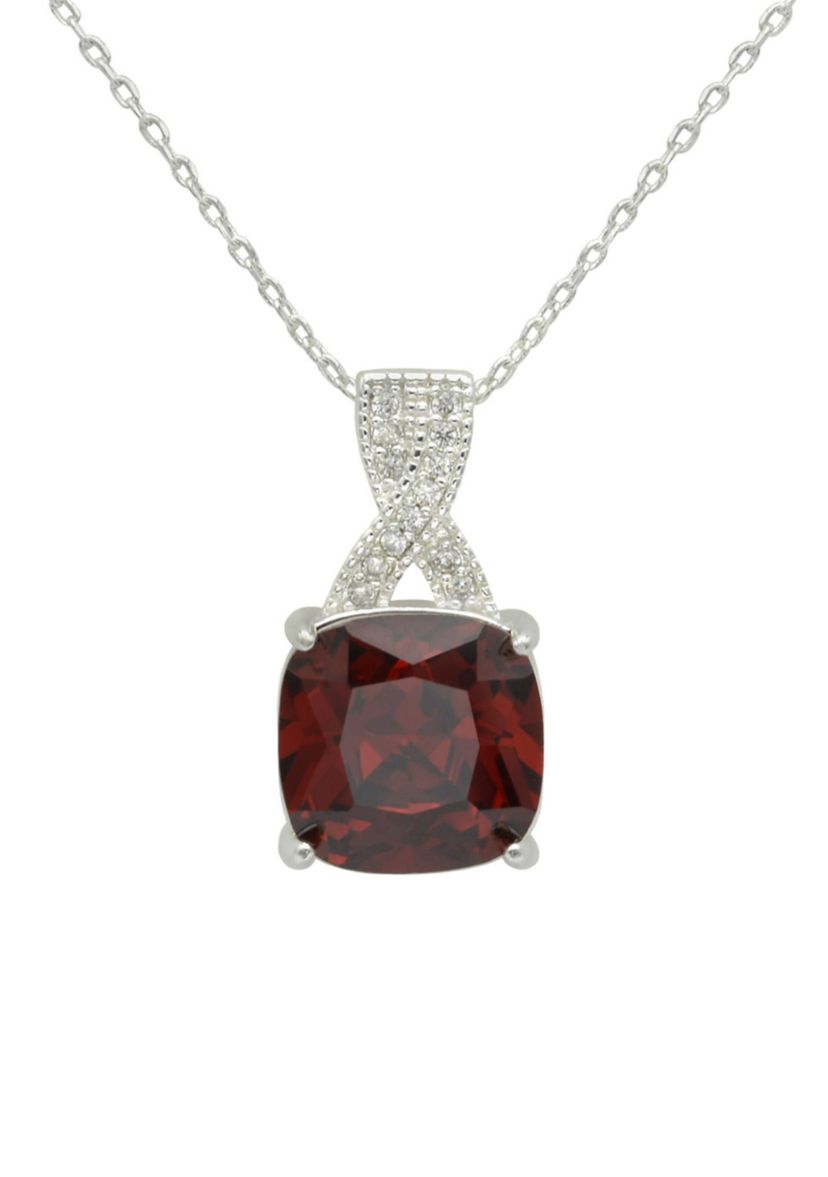 Lab Grown Silver Tone Siam Crystal Pendant with CZ Necklace