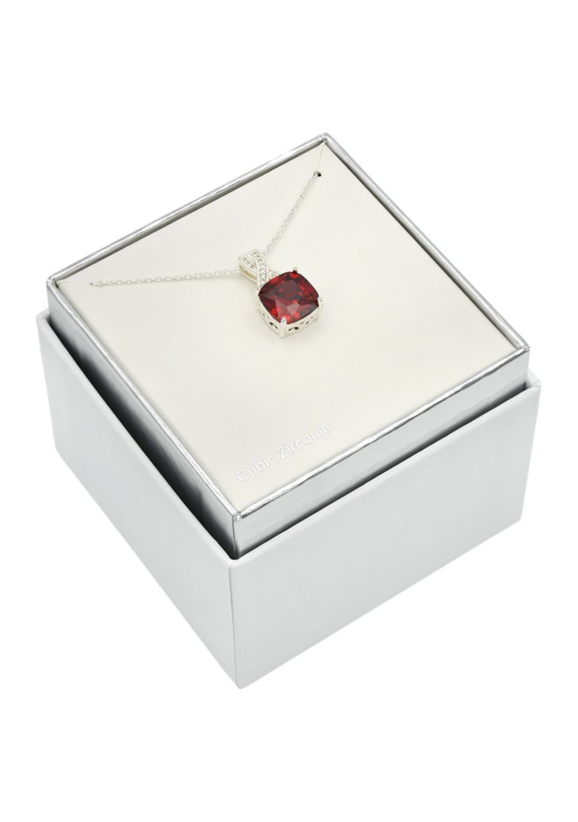 Lab Grown Silver Tone Siam Crystal Pendant with CZ Necklace