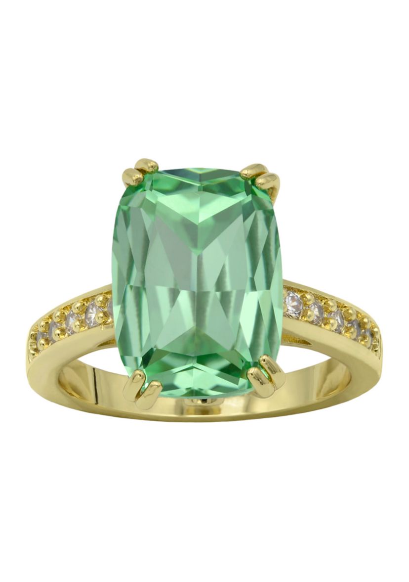 Lab Grown Gold Tone Green Erinite Elongated Cushion Ring with Pavé CZ Band