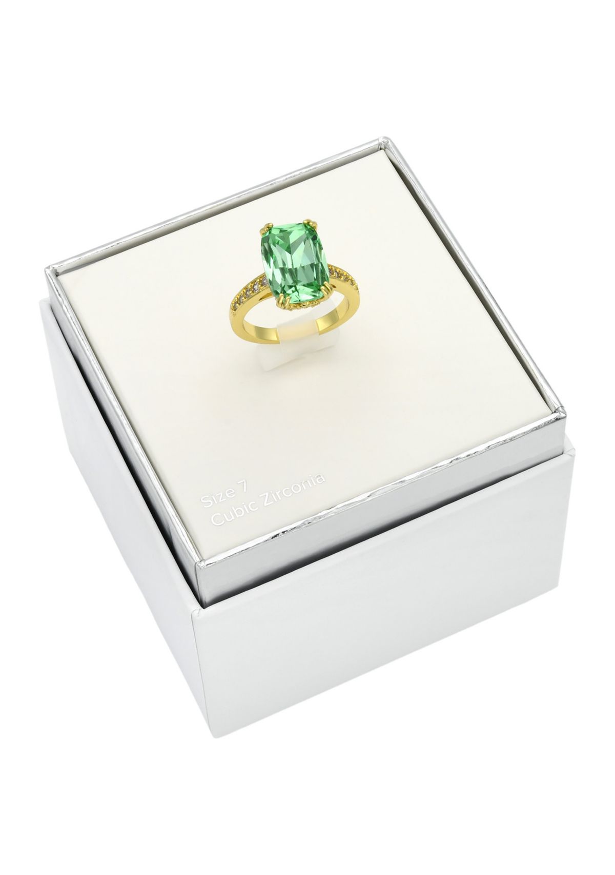 Lab Grown Gold Tone Green Erinite Elongated Cushion Ring with Pavé CZ Band