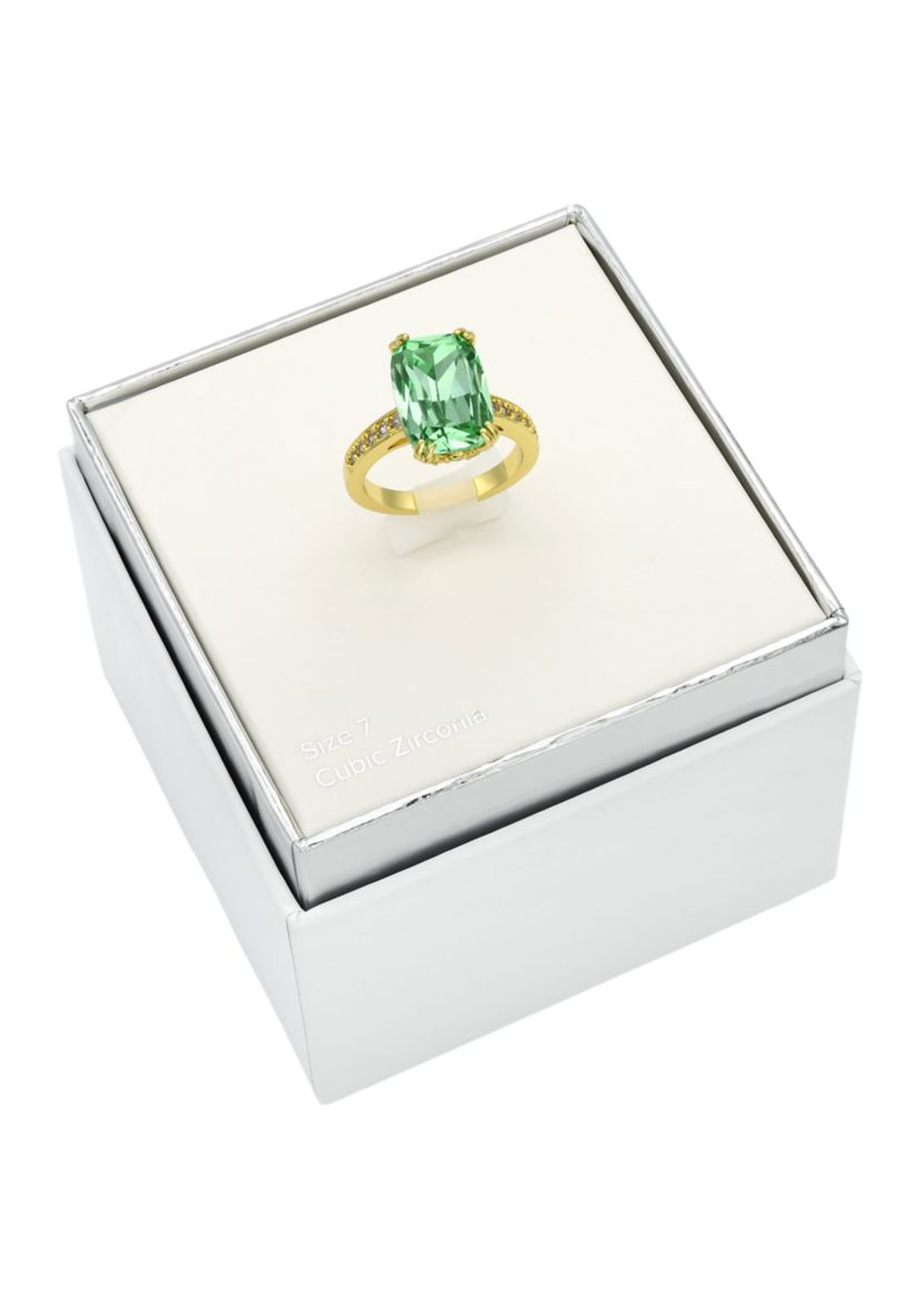 Lab Grown Gold Tone Green Erinite Elongated Cushion Ring with Pavé CZ Band
