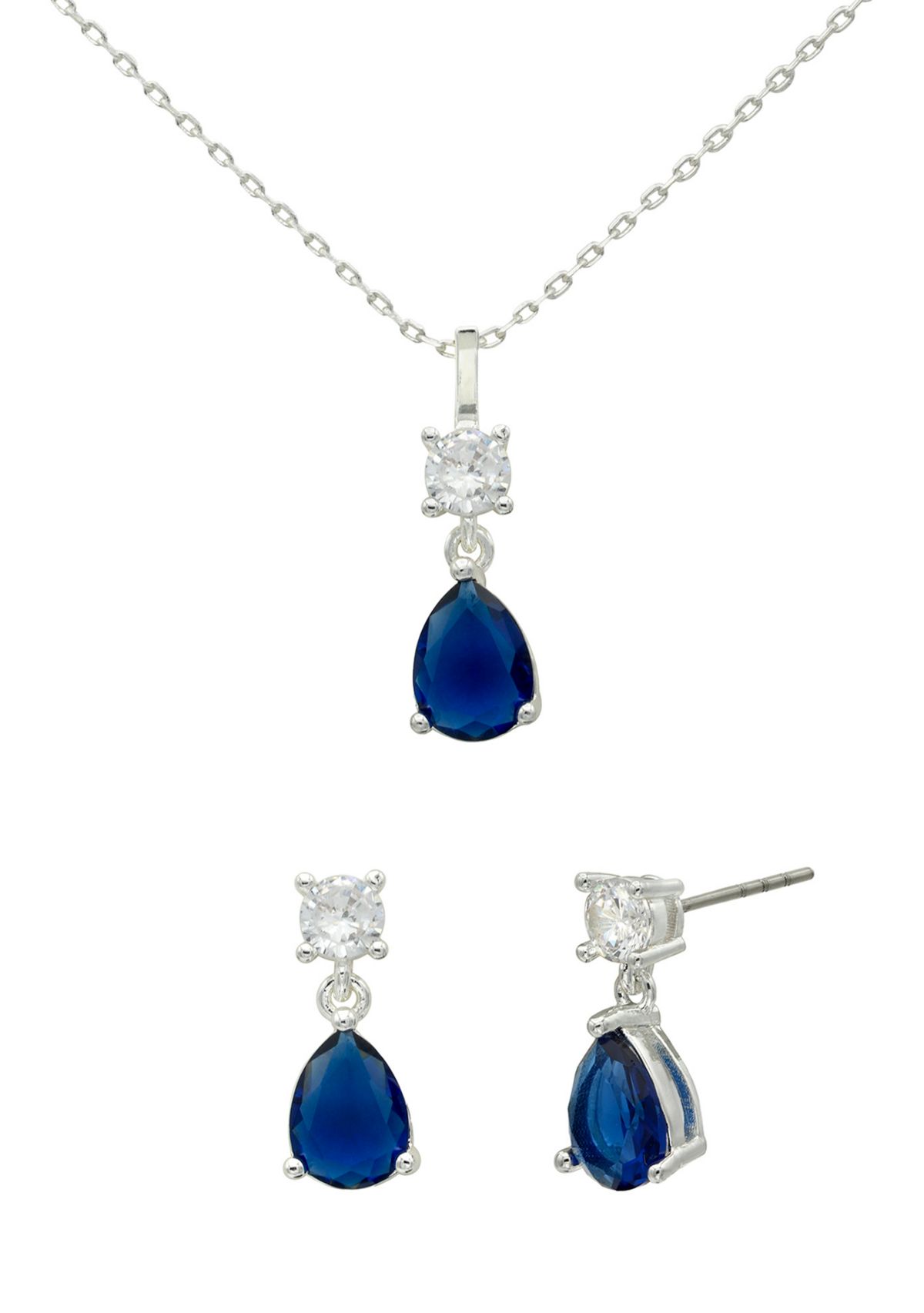 Lab Grown Silver Tone Montana Blue Pear and Clear Cubic Zirconia Pendant and Earring Set