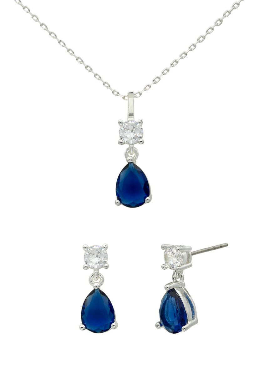 Lab Grown Silver Tone Montana Blue Pear and Clear Cubic Zirconia Pendant and Earring Set
