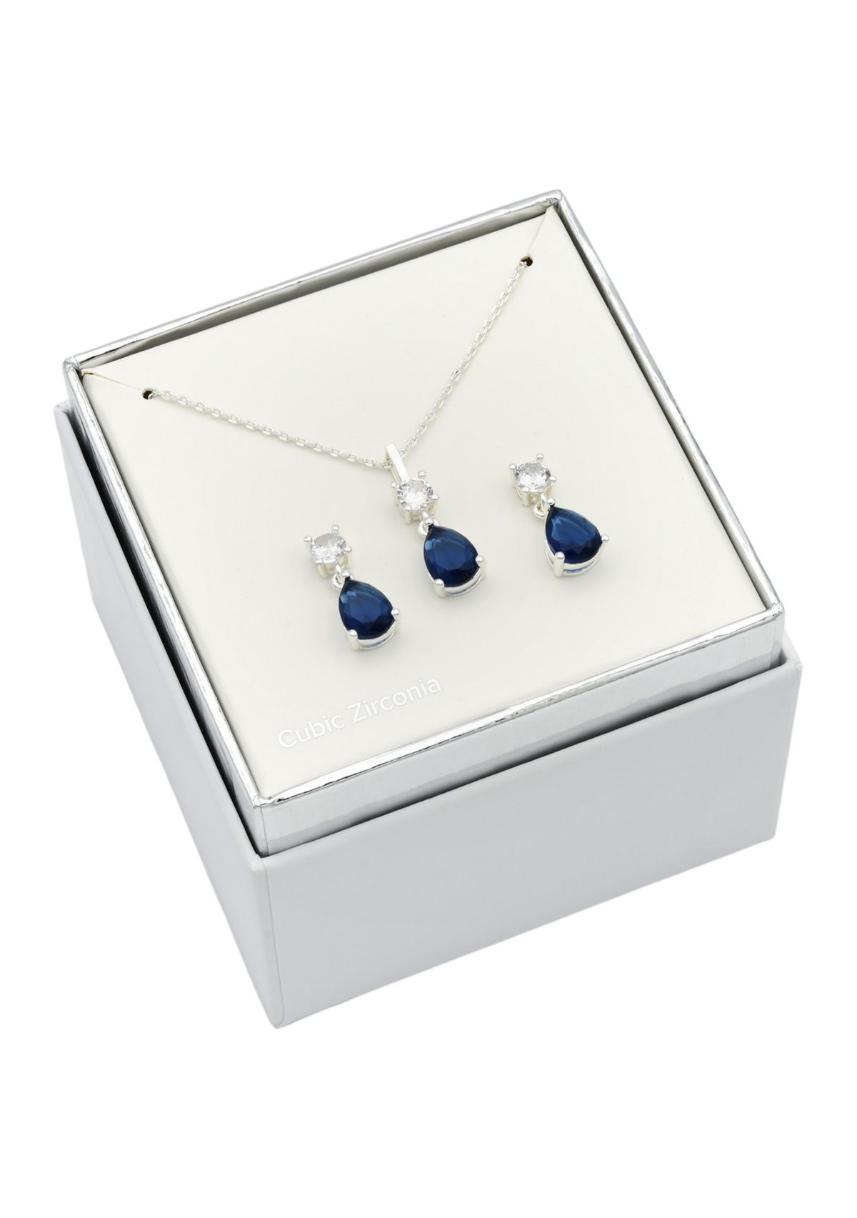 Lab Grown Silver Tone Montana Blue Pear and Clear Cubic Zirconia Pendant and Earring Set