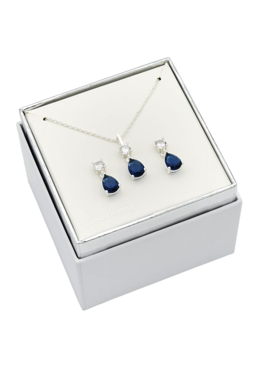 Lab Grown Silver Tone Montana Blue Pear and Clear Cubic Zirconia Pendant and Earring Set