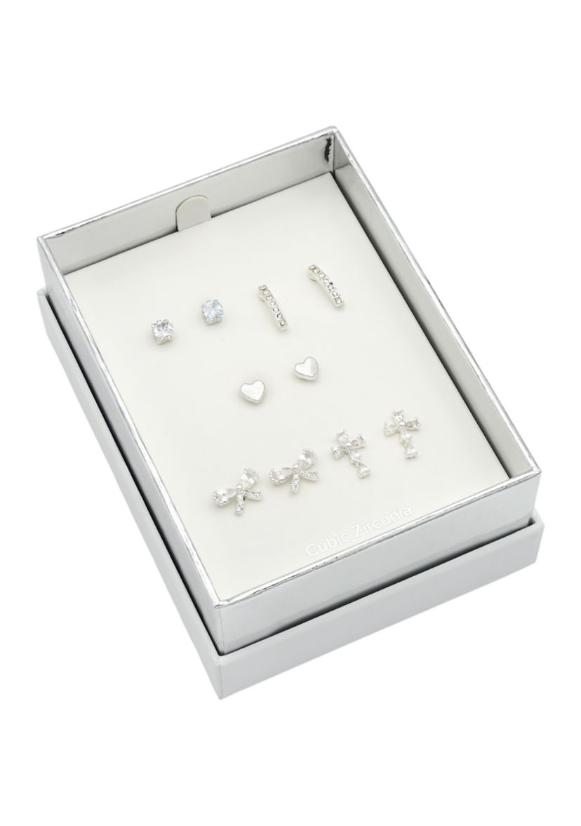 Lab Grown Silver Tone Clear Cubic Zirconia Multi-Stud Earrings Set
