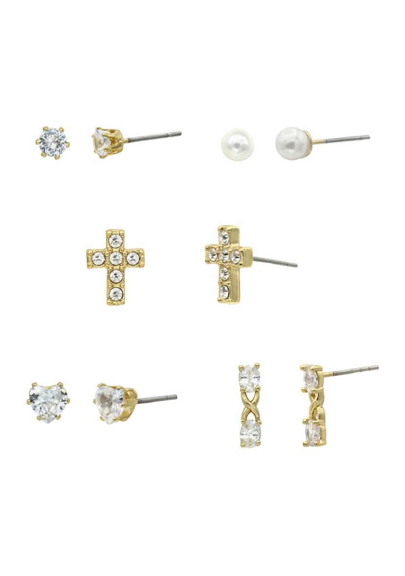 Lab Grown Gold Tone Clear Cubic Zirconia Pearl Multi Stud Earring Set