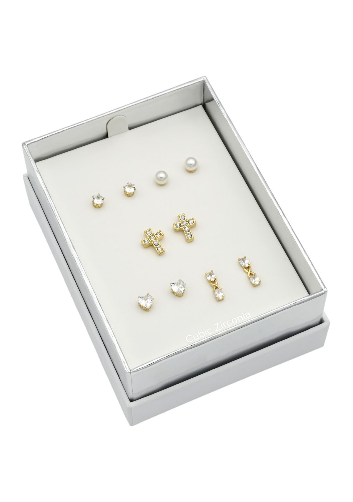 Lab Grown Gold Tone Clear Cubic Zirconia Pearl Multi Stud Earring Set