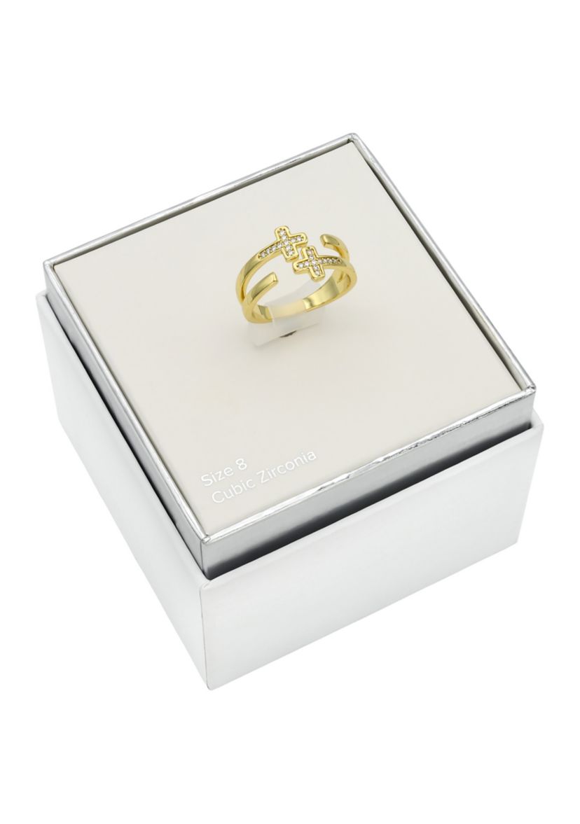 Lab Grown Created Gold Tone Double CZ Cross Open Wrap Band