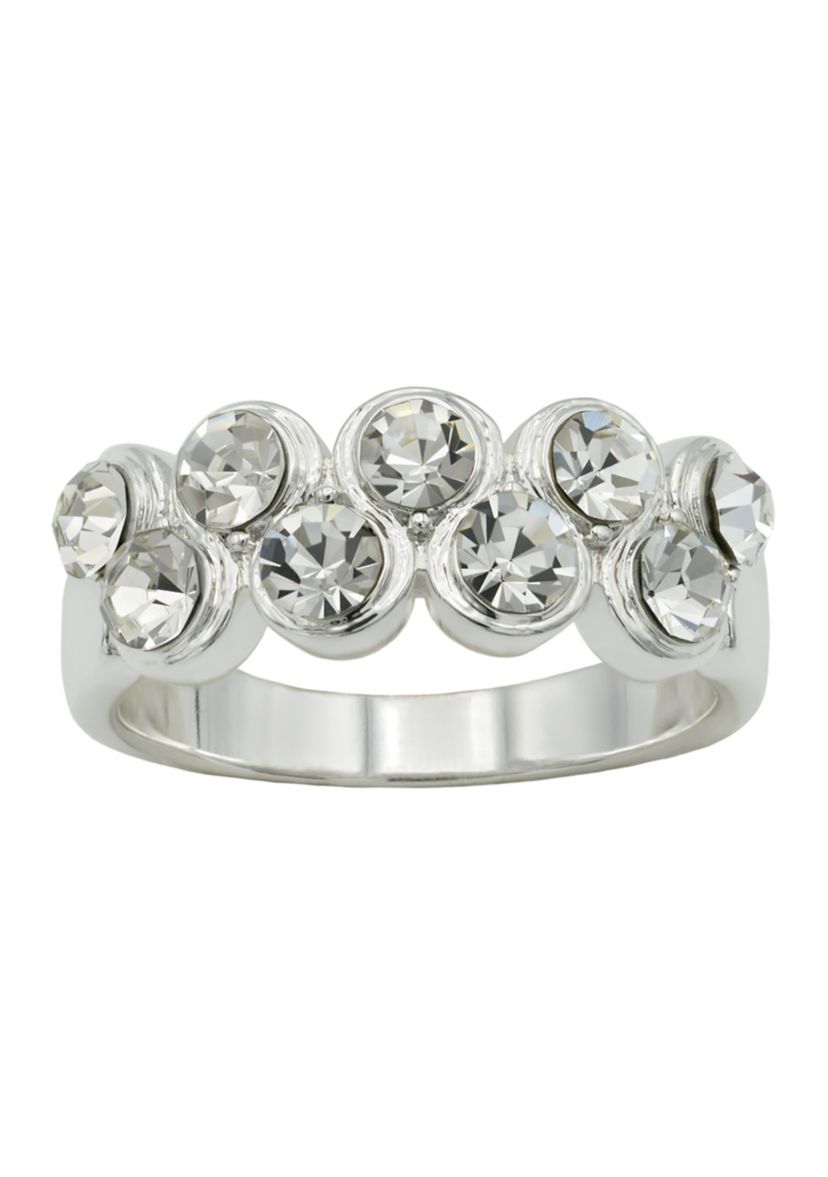 Lab Grown Silver Tone Round Bezel Set Crystal Double Row Band Ring