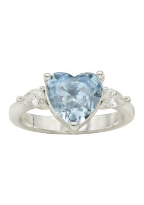 evie & emma Lab Grown Silver Tone Heart Shaped Sapphire Crystal with Cubic Zirconia Baguette Ring