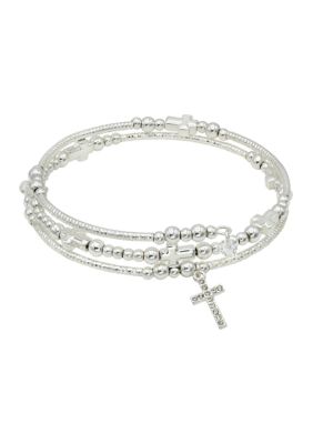 Wonderly Gold Tone Beaded Cross Bracelet set with Pave CZ Cross Charm, Silver