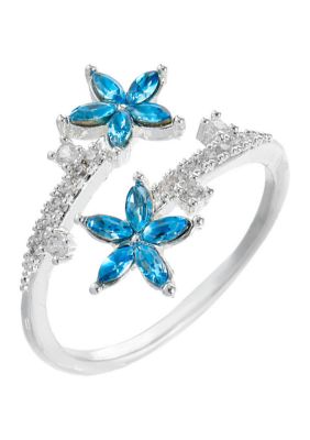 evie & emma Lab Grown Silver Tone Blue Crystal Flower and Round Cubic Zirconia Open Wrap Ring