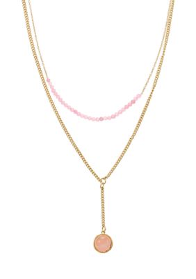 Wonderly Gold Tone Rose Quartz Drop Pendant and Pink Beaded Necklace Duo