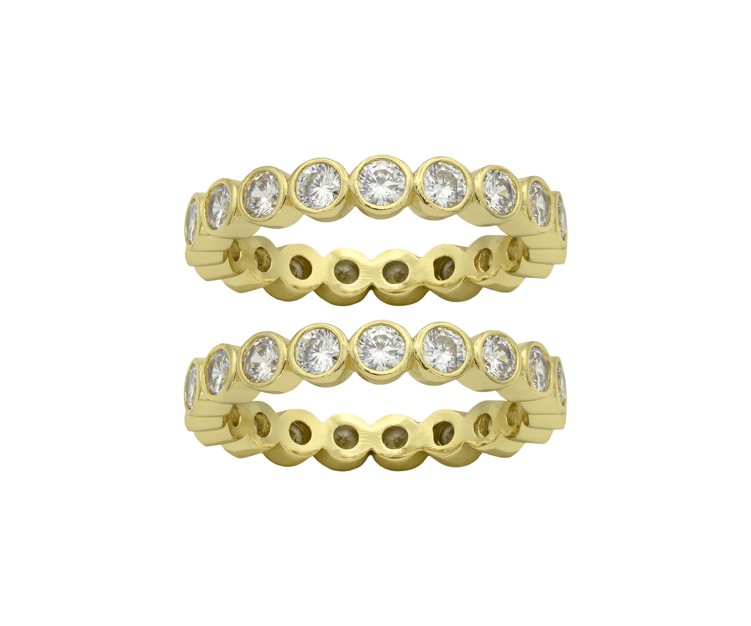 Lab Grown Gold Tone Bezel Cut Round Cubic Zirconia Duo Band Ring Set