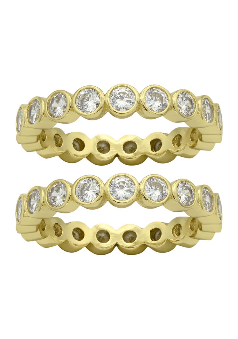 Lab Grown Gold Tone Bezel Cut Round Cubic Zirconia Duo Band Ring Set