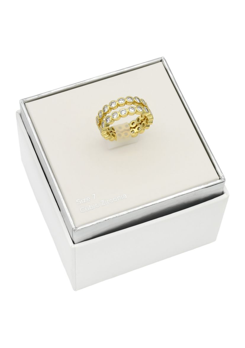 Lab Grown Gold Tone Bezel Cut Round Cubic Zirconia Duo Band Ring Set