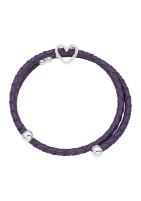 Lab Created Purple Leather Bracelet With Silver Open Heart