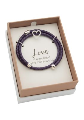 Lab Created Purple Leather Bracelet With Silver Open Heart