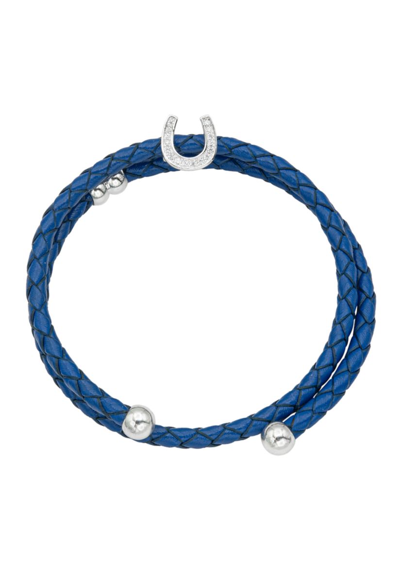 CZ Pave Horseshoe Leather Bracelet Silver
