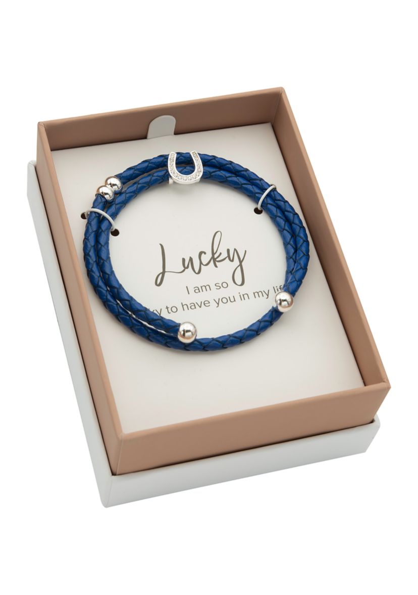 CZ Pave Horseshoe Leather Bracelet Silver