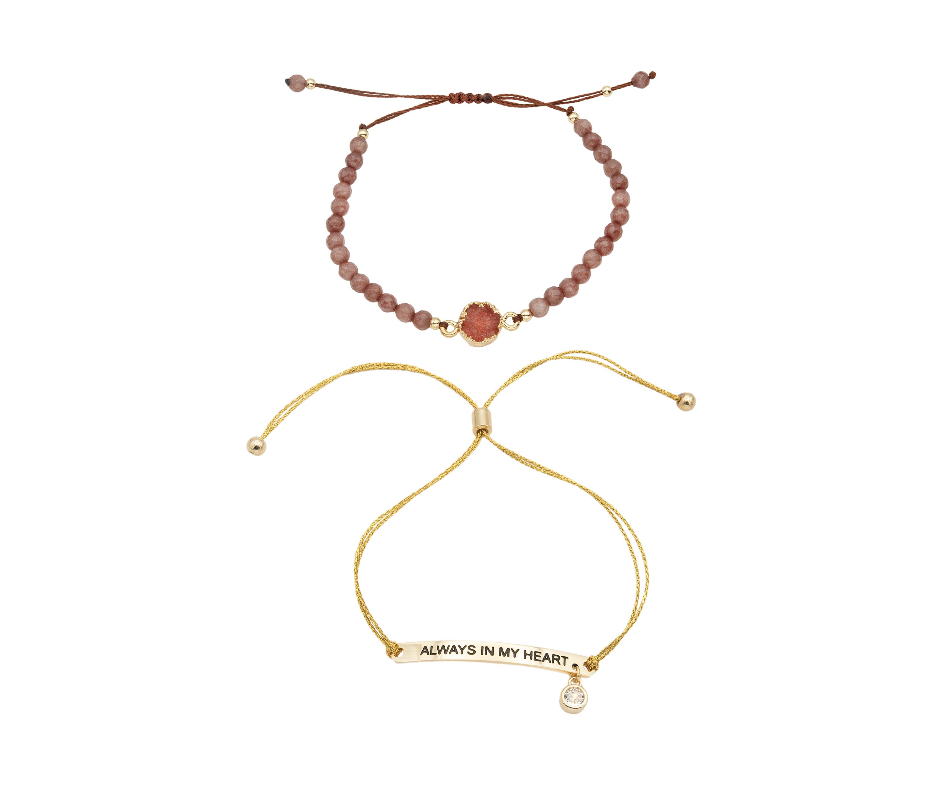 Duo Rose Quartz Engraved Gold Bracelets