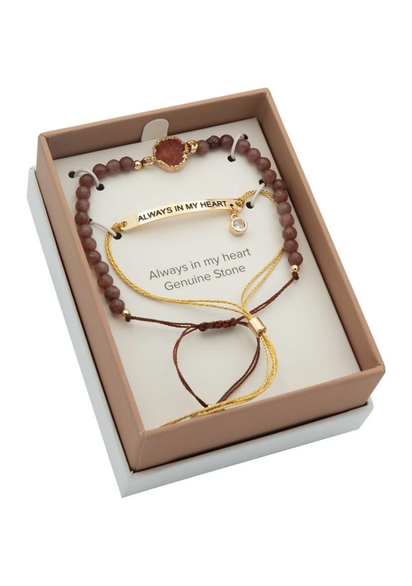 Duo Rose Quartz Engraved Gold Bracelets