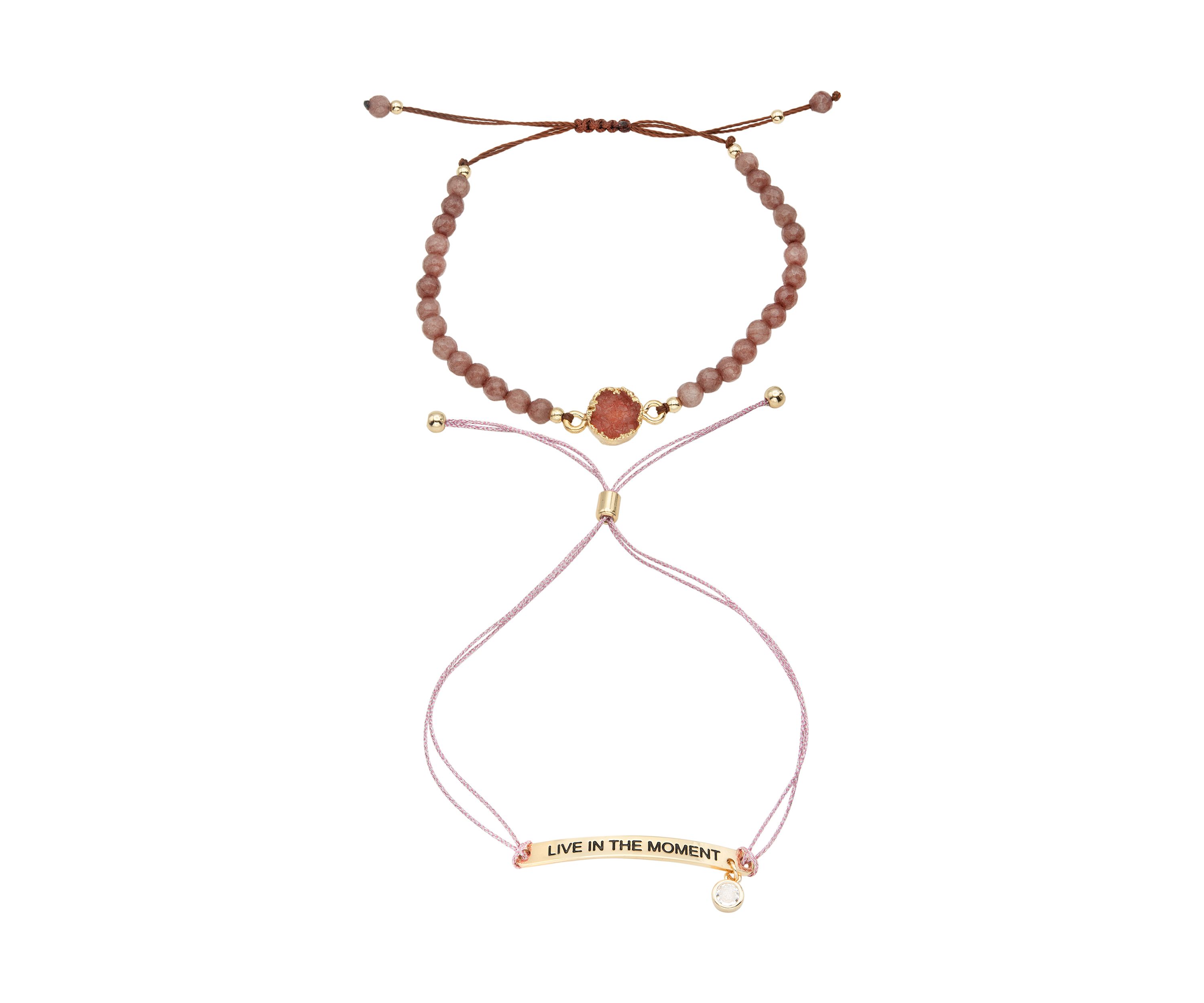 Duo Rose Quartz Engraved Gold Bracelets