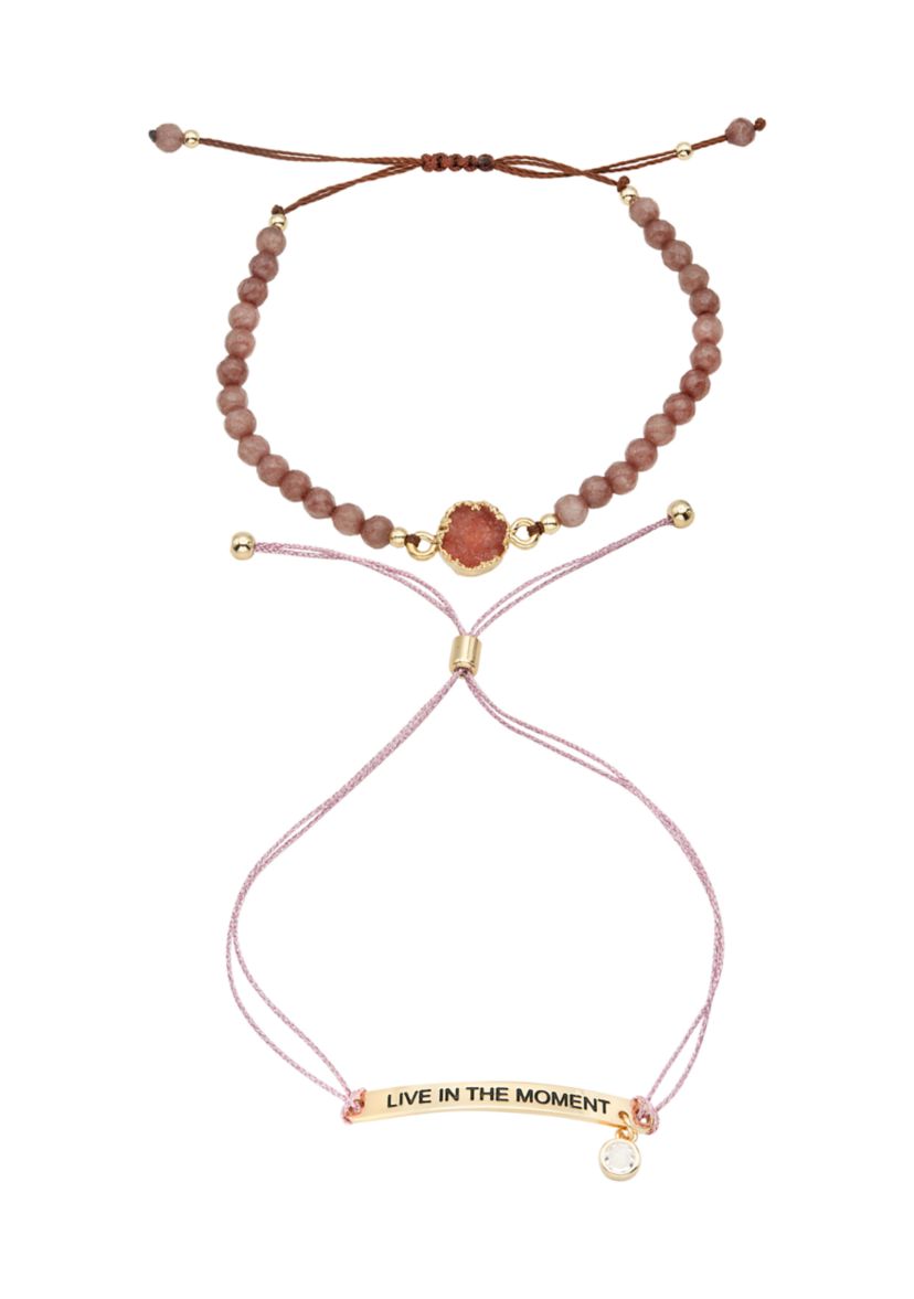 Duo Rose Quartz Engraved Gold Bracelets