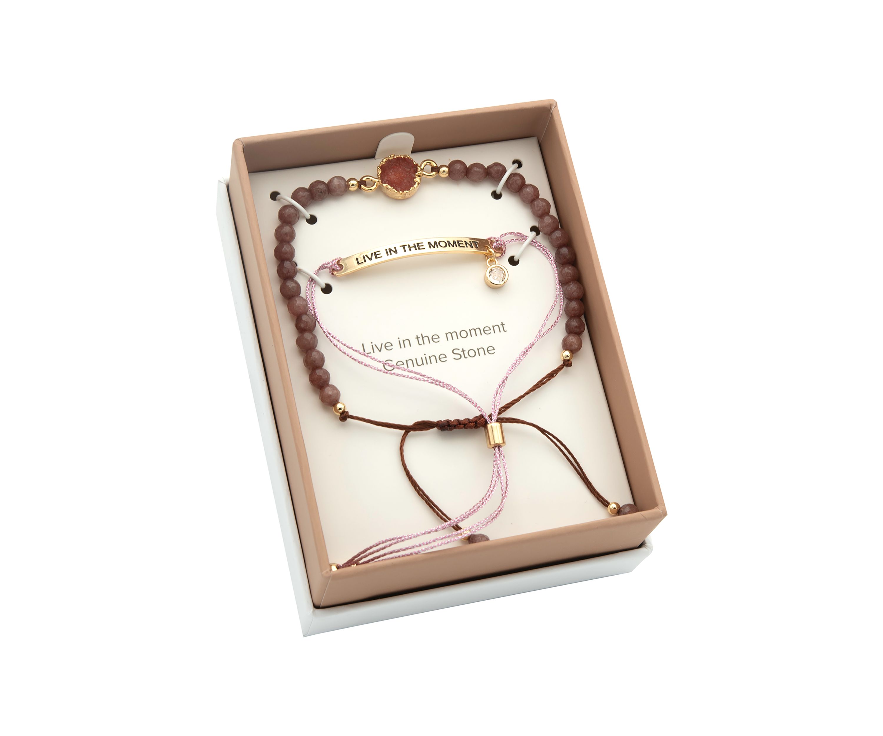 Duo Rose Quartz Engraved Gold Bracelets