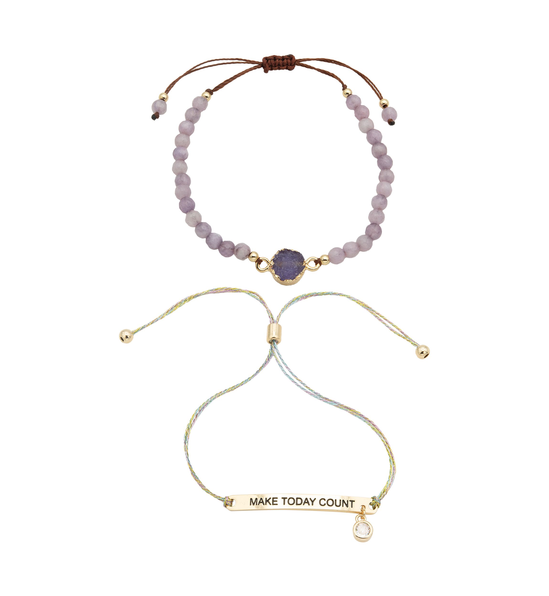 Duo Amethyst Engraved Gold Bracelets