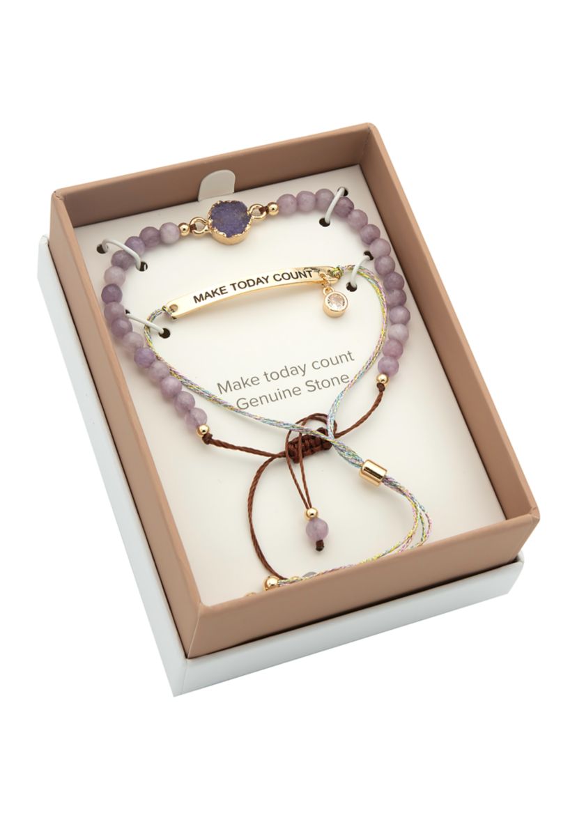 Duo Amethyst Engraved Gold Bracelets