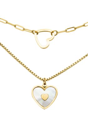 Lab Created Gold Duo Polished Mother of Pearl Heart Set of Necklaces