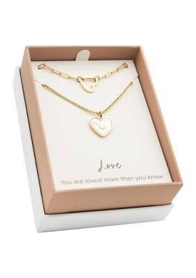 Lab Created Gold Duo Polished Mother of Pearl Heart Set of Necklaces