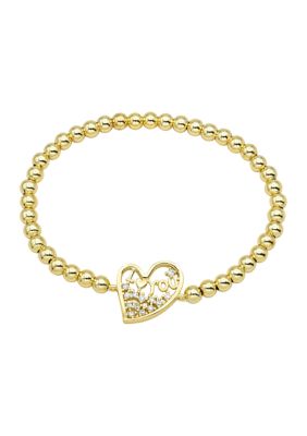 Gold Plated Cubic Zirconia Heart Beaded Stretch Bracelet